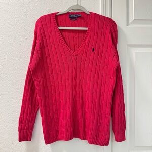 Vintage Polo Ralph’s Lauren v neck cable knit sweater size medium in hot pink